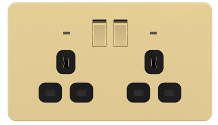 LIDER 2-Gang Switched 13A Socket with LED Power Indicators, Double-Pole Plug Socket with Child-Proof Shutters, Screwless Plastic Plate Cover, UKCA Certified, Thermoplastic, Gold