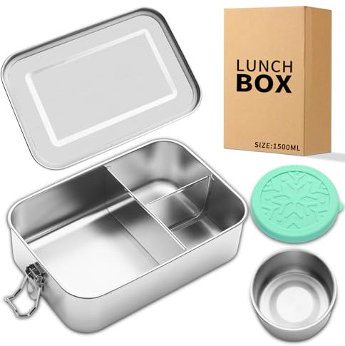SUTETLW Stainless Steel Bento Lunch Box 1500ML,3 Compartment Metal Bento Lunch Boxes with 100ml Leak-proof Condiment Container,Metal Food Storage for Work Adults