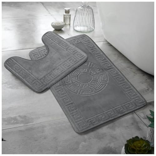 Lions Bath Mat - 2 Piece Greek Key Pattern Bath Mats for Bathroom, Non Slip Bathroom Mats Pedestal Set, Super Soft Washable Toilet Rugs, Quick Dry Water Absorbent, Charcoal