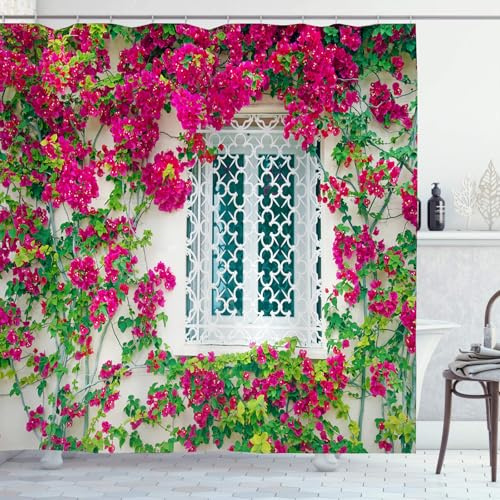 OCEUMACO Garden Shower Curtain Outdoor for Wet Room Outside Long Fabric 3D Window Red Flower Green Picture Scene Bathroom Bath Curtains 180 x 180 cm Anti Mould Waterproof with Hooks