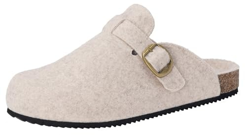 Suede Clogs Mens Womens Winter Felt Slippers Leather Comfy Cork Footbed Slip On Garden Shoes Warm House Buckle Mules Size,Beige,7 UK