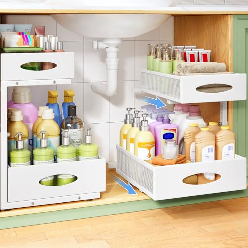 Kitstorack Organizador Bajo Fregadero Extraíble de 2 Niveles, Cestas de Malla de Gran Capacidad, Estante Ajustable en Altura con Diseño en L para Cocina, Baño y Lavandería, Blanco