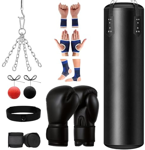 Turmegtt Sac De Frappe, Sac De Frappe Adulte, 120cm/4ft Punching-Ball Avec Gants De Boxe, Bandages, Chaîne, Crochet Pour Plafond, Balles De Boxe Réflexe, pour Kick-Boxing, Muay Thaï, Karaté, Taekwondo