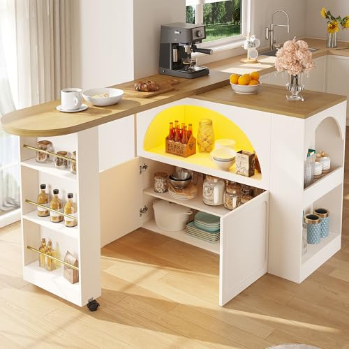 KUAKE Tavolo da bar allungabile, altezza 100 cm, con porta a cupola e luce LED, credenza isola della cucina con spazio di archiviazione, armadietto da bar per cucina e sala da pranzo