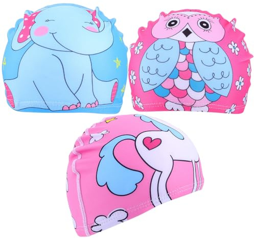 Kichvoe Cuffie da Nuoto per Elastiche Stampate, Set da 3 Cuffie da Bagno Cartoon Leggere e Resistenti, per Piscina e Sport Acquatici Ragazzi e Ragazze