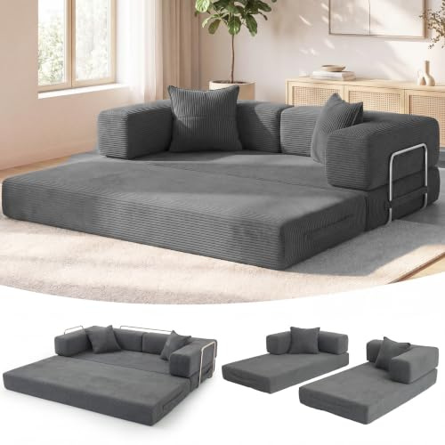 Vipbear 2 Seater Boneless Sofa Bed,Folding Lounge Compressed Couch Grey | 5-in-1 Double Sofa Bed for Adults|Modular Loveseat Couch|Vacuum Packed Sofa|Corduroy Fabric|160cm Fixed-Shape Frame|Bedroom
