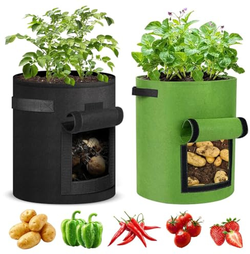 QWEPU Sacco per Patate, 2PCS Borsa per la Coltivazione di Piante, Vasi di Stoffa per Piante da Sacchi per Piante,Sacco per Coltivazione di con Manico Riutilizzabile-40L-35 * 45CM (verde)