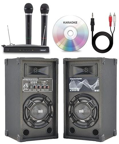 SHARD-LAB IMPIANTO KARAOKE pronto all'uso 2 CASSE ATTIVE BLUETOOTH + MICROFONI WIRELESS + CAVO PC + SOFTWARE PC KARAOKE