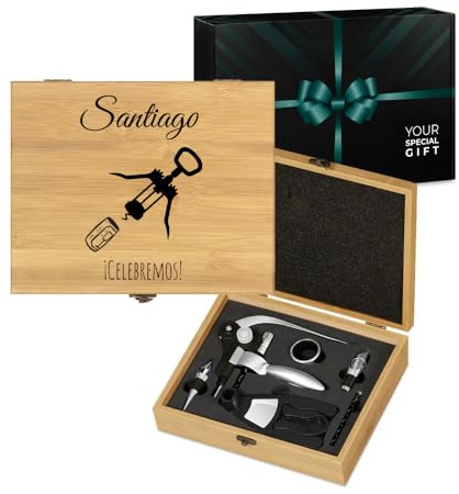 Maverton Set De Accesorios Para Vino - Caja De Bambú Grabado - 6 Pzs- Sacacorchos De Palanca - Tapón - Vertedor - Cortador - Collar - Regalo Día Del Padre - Regalos Originales Para Hombre - Celebremos