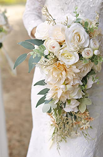 Ansofi Bouquets de mariée en Cascade pour mariée - Beige - Bouquet de mariée Artificiel pour cérémonie de Mariage Rustique bohème Anniversaire