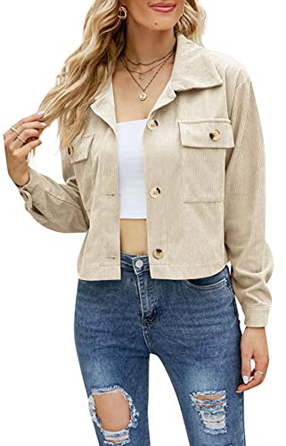 NLAVW Damen Kurze Cordjacke Cord Vintage Kurzjacke Lange Ärmel Outwear Winter Frühling Herbst Top Outwear Mode Lang,Beige,M