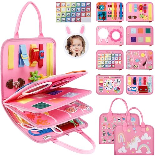 JHkim Busy Board for Toddlers, Sensory Board Travel Toys Gifts for 1 2 3 4 Year Old Girls Boys, Montessori Toys to Learn Fine Motor Skills, Educational Activities Busy Book for Airplane Car (Pink)