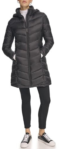 Calvin Klein Damen Langärmeliger Puffermantel mit Kapuze und Reißverschluss Vorne Daunenmantel, Leichtes Schwarz, XL