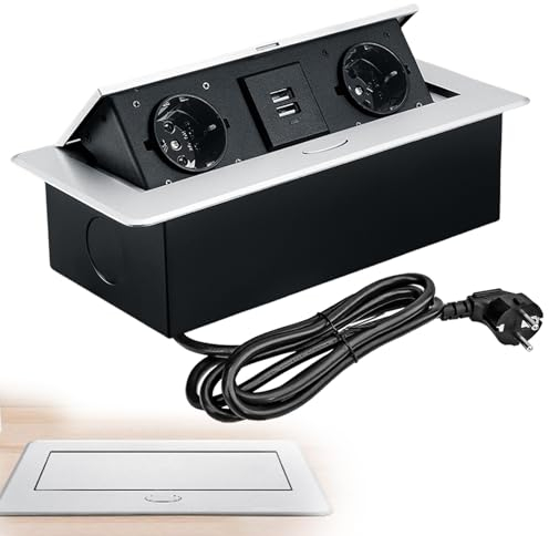 Vegena Prendere Multipresa retrattile con 2 porte USB, presa da incasso per piano di lavoro, cucina, officina (argento)