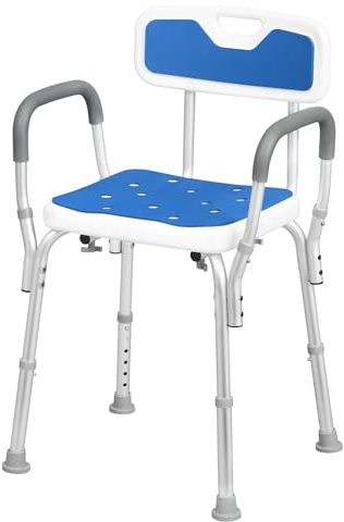 EUGAD Duschstuhl, Duschhocker für Senioren, mit Armlehnen Rückenlehne, höhenverstellbar 6 Stufen, 40 cm-54 cm, Duschsitz rutschfest, Badesitz stabil, aus Aluminium Kunststoff, Weiß Blau