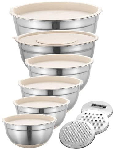 Ciotola per cottura al forno, ciotola per mescolare per cucina - Ciotola da cucina in metallo, set di 6 ciotole con grattugia, set di ciotole multifunzione per cucinare, cuocere e servire