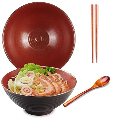 Ceraozmus Ramen Bowl Ceramic - 1200ml - 20 cm - with Spoon and Chopsticks for Ramen Soup Pho Udon Asian Noodles, Large Noodle Bowls (Brown Glaze)