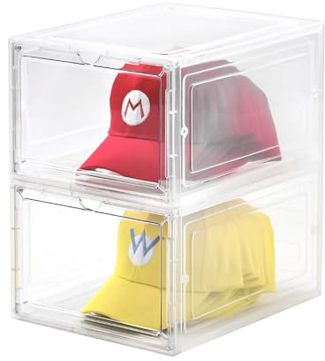 Uni HIMO 2 Pack Hat Organizer Box，Clear Storage Box,Stackable Clear Hat Storage with Magnetic Door, Holds 10 Hats Each