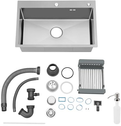 STANEW Fregadero Cocina 55 x 45cm, Acero Inoxidable Fregadero Cocina 1 Seno, Sobre Encimera con Escurridor Extensible, Dispensador de Jabón, Sifón, Rebosadero y Drenaje (Plateado)