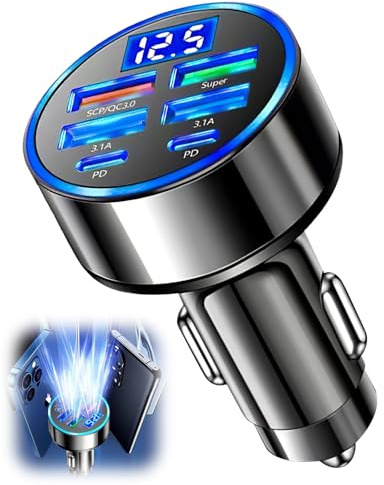 Car Charger Adapter 6-Port Cigarette Lighter USB Charger 1PCS with LED Display Car Adapter for iPhone iPad Samsung Xiaomi Huawei Honor Flash Fast Charging Suitable for Vehicles In-Car Accessories