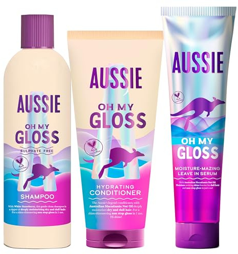Aussie Oh My Gloss Champú 300ml + Acondicionador 200ml + Sérum Sin Aclarado 160ml. Hidrata Profundamente el Pelo Seco y Apagado