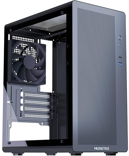 MUSETEX Caja PC Micro ATX, Caja mATX con 1 Ventilador No RGB, Frente de Malla, Vidrio Templado, Filtro Antipolvo Magnético, Negro (M1)