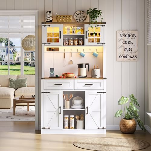 Merax Kitchen Cupboard, Tall Kitchen Cabinet, Buffet Sideboard with LED Lighting, Sockets, Charging Station & 2 Large Drawers, Barn Door Design, Adjustable Shelves, White, 100x40x172 cm