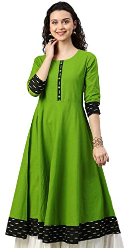 Yash Gallery Tunica Indiana Top Donna Cotone Stampato Anarkali Kurta, Verde, M