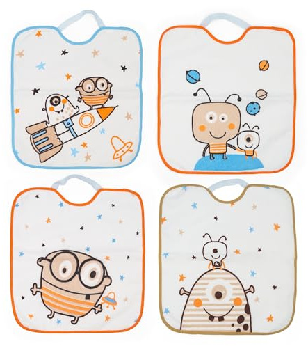 Ti TIN | Lot de 4 Bavoirs Imprimé Imperméable, 33x36 cm | 90% Coton - 10% Polyester - Bavoirs pour Bébés plus de 1 an - Fermeture Élastique - Doublure Vinyle - Motif Astronaute/Espace - 320g/m²