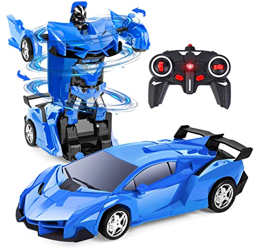 Yellcetoy Transform Spielzeug mit Handgesten Sening, Roboter Auto mit LED Licht Musik & Sound Effekt, Ferngesteuertes Auto mit 2,4Ghz Fernbedienung Akkus für Kinder Junge Geschenke ab 3-10 Jahre Blau