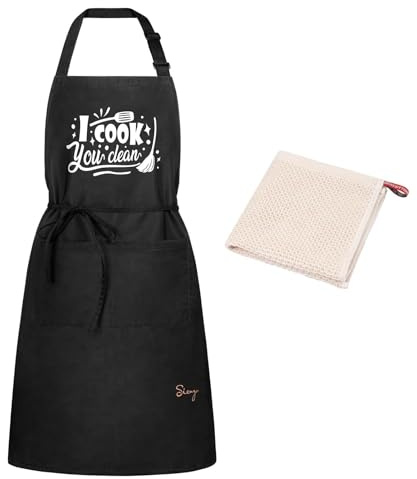 Sienzo Tablier de Cuisine Homme Femme,Imperméable Tabliers avec Poches, Noir Tablier Professionnel pour Barbecue Chef Jardin Café Serveur Restaurant(1x Noir Tablier + 1 X Torchon)