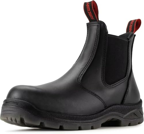 SUREWAY Men's Slip-On Work Boots for Men,Full Grain Leather,Anti-Static,Water/Slip Resistant,Fire Station Mechanic Industrial Construction Safety Boots/Shoes for Men,Composite Toe Black,Size 11