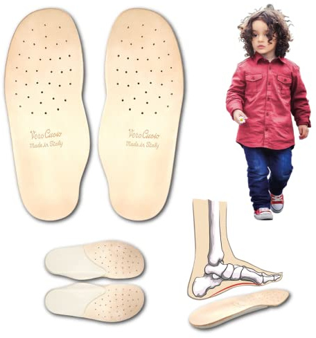 Solette Ortopediche Vera Pelle per Bambini con Supporto Arco Plantare e Rialzo Tallone in Lattice – PRODOTTO ITALIANO – Sottopiede in Cuoio Antiodore Antisudore, Piedi Piatti Fascite Plantare (34 EU)