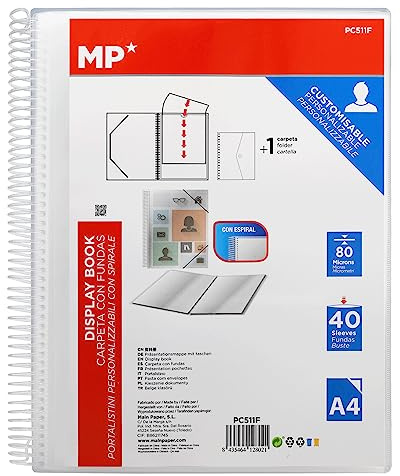 MP – Carpeta Clasificadora con Espiral, 40 Fundas de Plástico Transparentes A4, 24x31cm, Goma de Cierre, Portada Personalizable, Uso Académico, Oficina, para Organizar Documentos y/o Archivos.