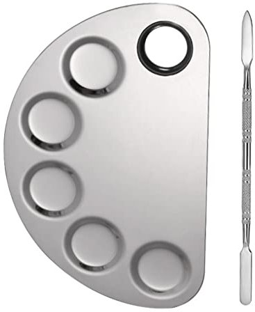 IOIUSKKU Plateau de mélange d'artiste cosmétique d'acier Inoxydable de Palette de Maquillage avec la Base d'outil de Peinture de Couleur de Support d'art d'ongle de spatule, Grand Demi-Cercle