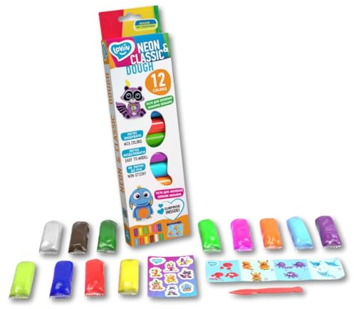 12 Colours Neon and Classic Lovin Modeling Set with Colour Dough, Craft Kits for Kids - Arts and Crafts for Kids - Colour Dough Modelling and Sculpting Playdough Set - Ideal Creative Activity Kit