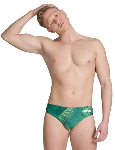 ARENA Men’s Swim Brief Halftone Team Print MaxLife Athletic Swimwear Professional Training Swimsuit Sports Bathing Suit, Team Green, US Size 34