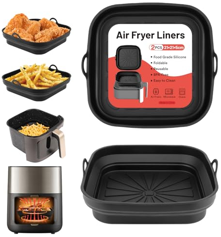 Alyvisun Moule Silicone Air Fryer Accessoire, 2 Pièces Panier Moule pour Friteuse à Air Chaud Réutilisable Airfryer Pot Plat Carré Pliable Doublure Liner pour Friteuse Air, Micro-ondes, Four