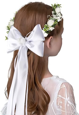 BETESSIN Stirnband Kommunion Mädchen Haarkranz Taufe Haarschmuck mit Schaumrosen Grüne Blätter Prinzessin Haarreif Hochzeit Blumenmädchen Kopfschmuck Weiß Haarband mit Blüten Satinband