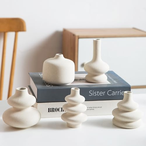 Tenforie Small White Ceramic Vases Set of 5, Mini Decorative Boho Vases for Flower, Wedding & Home Decor