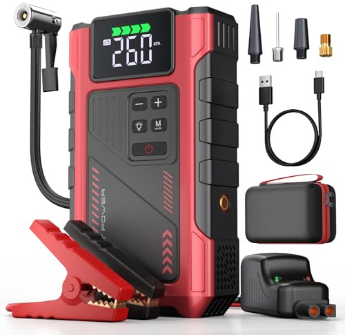 4500A Car Jump Starter with Air Compressor, Portable Battery Charger Jumpstart 12V Vehicle, Power Pack with 150PSI Tire Inflator for 9.0L Gas/7.5L Diesel Engines Jump Box with Light and Jumper Cable