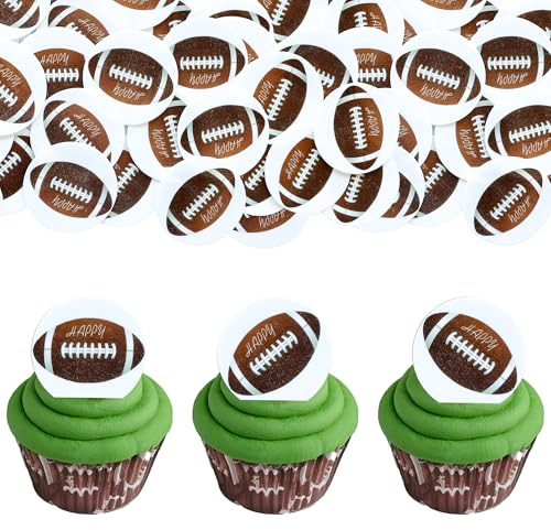 Gyufise 50Pcs Edible Football Cupcake Toppers Ball Cupcake Picks Rugby Ball Cake Decorations for Sport Theme Baby Shower Kids Birthday Party Cake Supplies