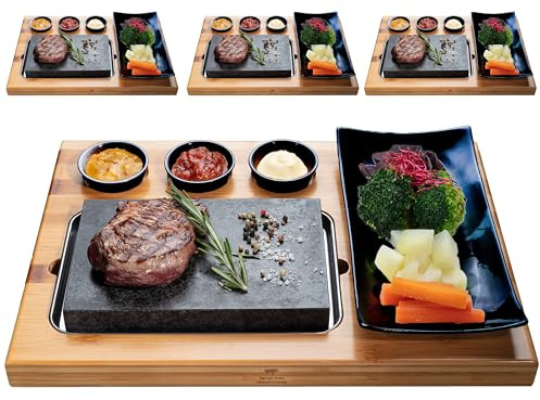 BEEFSTONE Set di mattoni lavici caldi, in pietra lavica e piastra in porcellana, carne, pesce grigliato su pietra calda (4 x Uno Black)