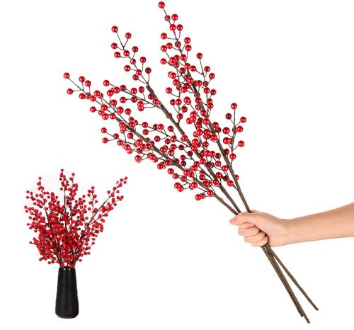 SMTCM 3 Pcs Künstliche Beerenzweige Rot 74cm Beerenstiele Fake Holly Berry Stechpalmen Beeren Weihnachtsbeerenzweig Weihnachtsdeko Picks Zweige für Weihnachtsbaum DIY Blumensträuße Hochzeit Feiertage
