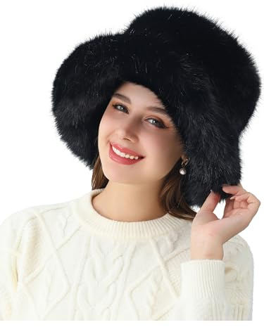 soul young Women's Faux Fur Bucket Hat Fluffy Winter Warm Fisherman Cap(Black)