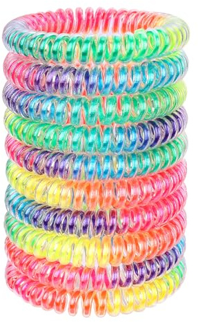 JessLab Spiral Hair Ties, 10 Pcs No-Damage Elastic Bands, Bobbles for Women | Neon Rainbow, Small Clear Coils for Thick or Fine Ponytails, Kids and Girls, Water-Resistant for Swimming, Gym, School