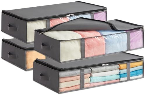 Lifewit 4 Piezas Bolsas de Almacenaje para Debajo de la Cama 90L, Cajas para Guardar Ropa con Ventana Transparente Frontal, Organizadore Armario para Toallas, Mantas, Gris