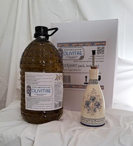 OLIVITAE. Aceite de Oliva Virgen Extra 5L de Toledo, España y Aceitera de Artesanía Cerámica. Rico en Polifenoles, prensado en frío.