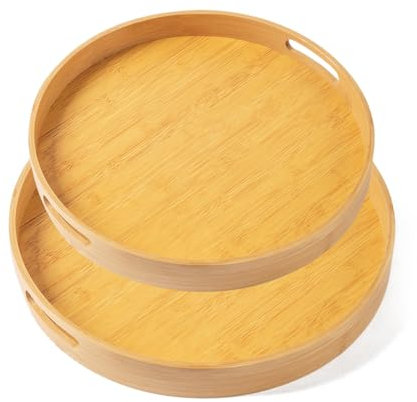 LiangYuanZen 2er Set Kreise Bambus Serviertablett,Massivholz Frühstückstablett mit Griffen, Praktisches Serviertablett aus Holz, vevr für Abendessen,Tee,Kaffee,Bar,Partys.