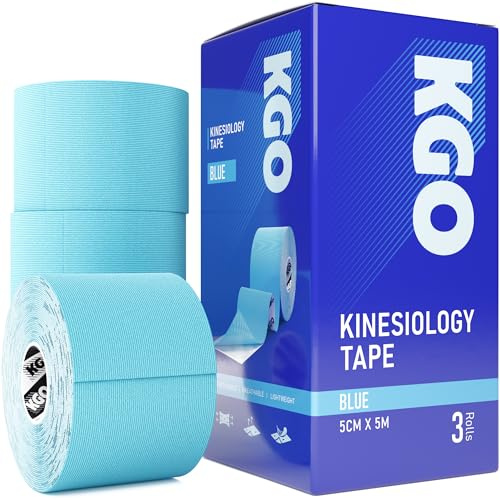 KGO Kinesiology Tape, Sports Elastic Tape for Muscle and Joint Support, Kinesio Tape, K Tape, Physio Tape, 5cm x 5m (Blue, 5cm x 5m (Box of 3))